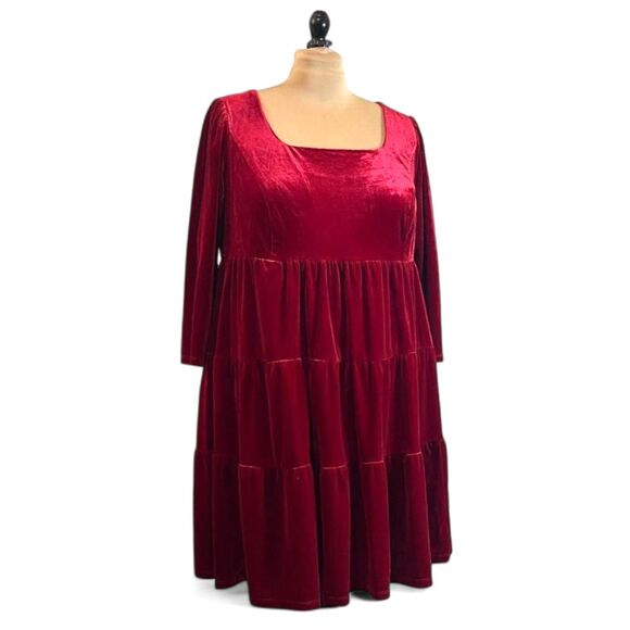 MAISON TARA 3/4 Sleeve Tiered Red Velvet Babydoll Dress, Size 18W - Picture 1 of 8